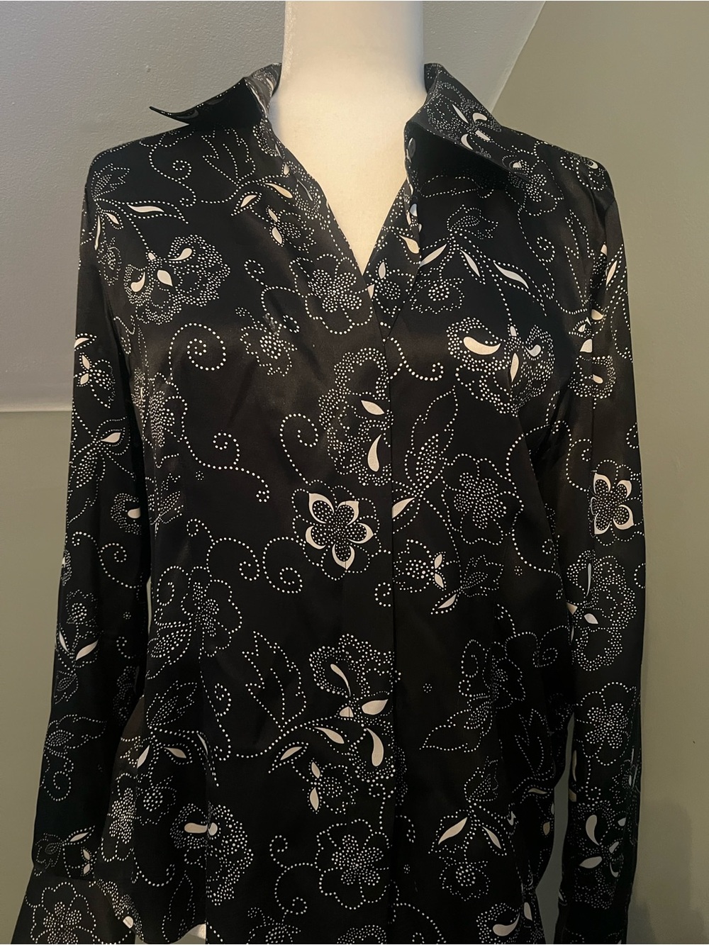 Vintage silk, Black Floral Button-Up Blouse with White Dot Pattern